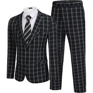 Men's Black ( Plaid ) 2 Piece Suits Slim Fit 2 Button Business Wedding Party